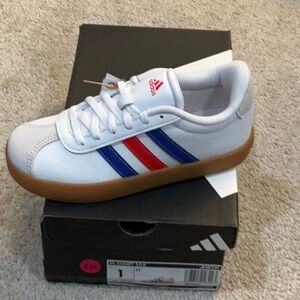 Adidas Kids' White Sneakers with Red and Blue Stripes